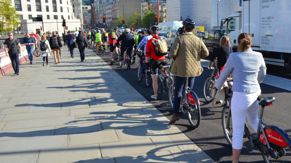 One of central London's busy cycle routes in the morning rush-hour